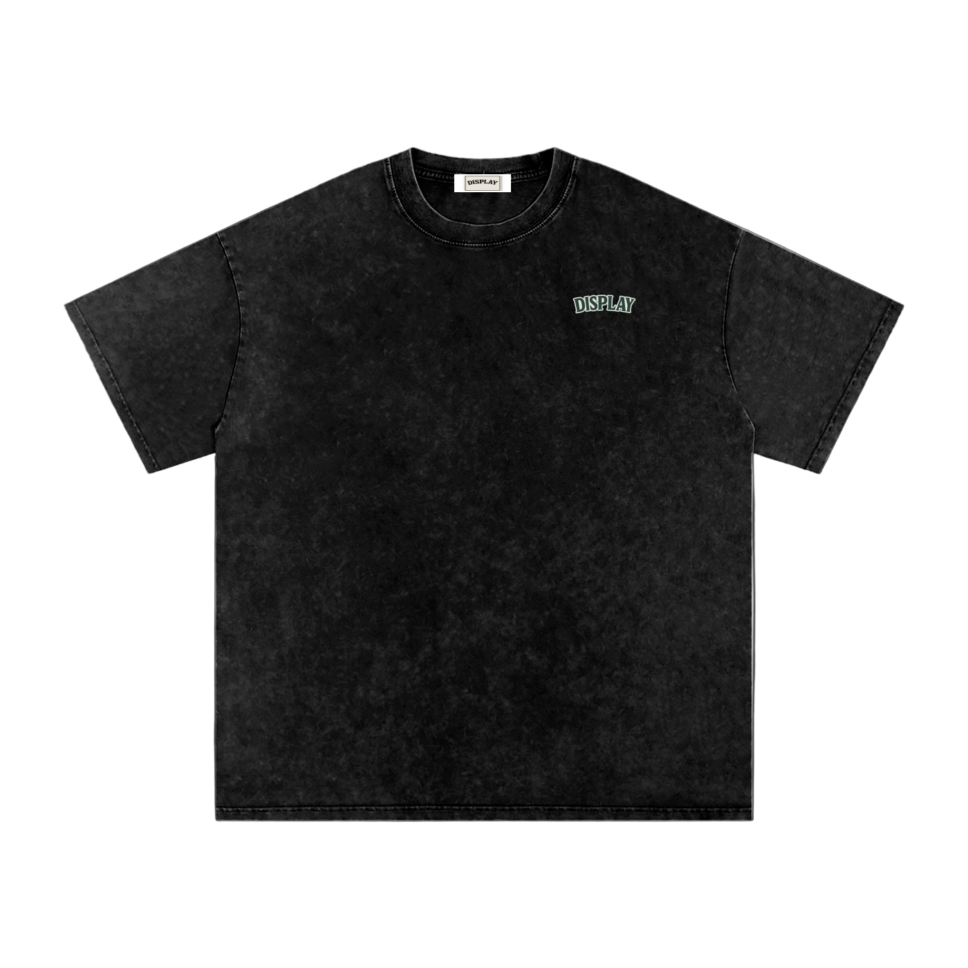 Black t-shirt with a small logo on a white background
