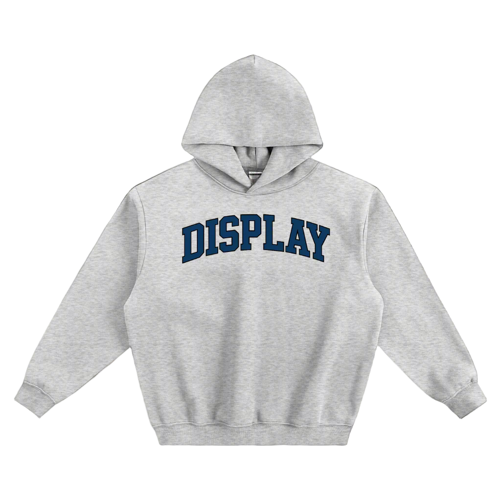 Gray hoodie with 'DISPLAY' text on a white background