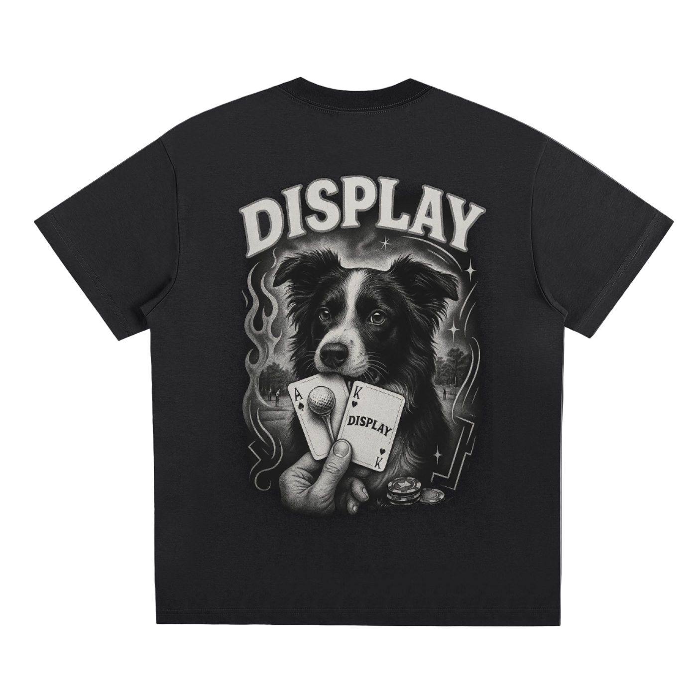 Black t-shirt with a graphic of a dog holding playing cards and the word 'DISPLAY'.