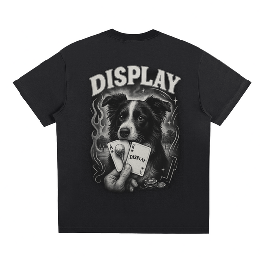 Black t-shirt with a graphic of a dog holding playing cards and the word 'DISPLAY'.