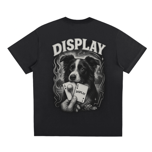 Black t-shirt with a graphic of a dog holding playing cards and the word 'DISPLAY'.