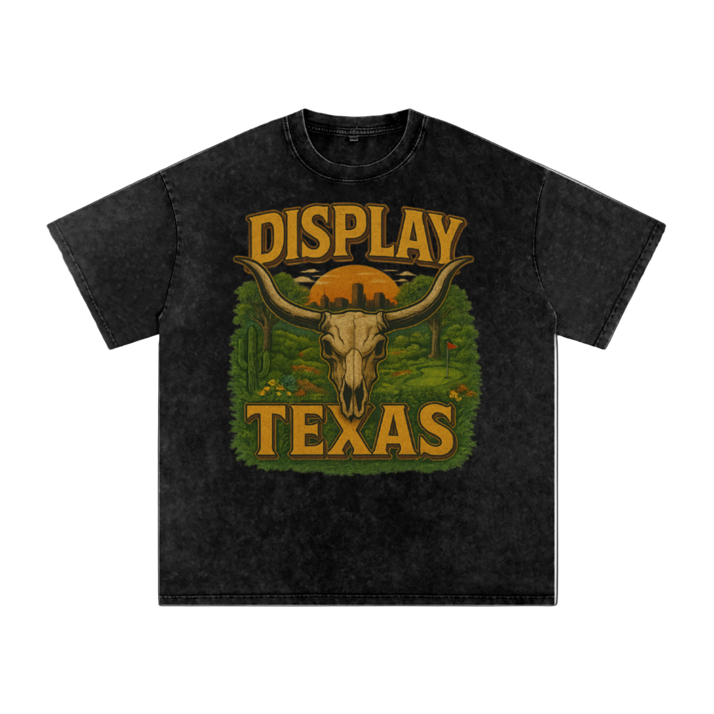 Black t-shirt with 'Display Texas' graphic featuring a longhorn skull and sunset.