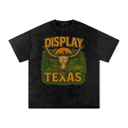 Black t-shirt with 'Display Texas' graphic featuring a longhorn skull and sunset.