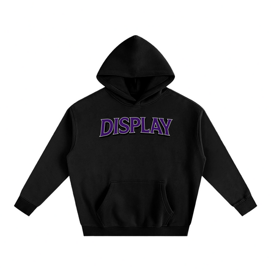 Black hoodie with 'DISPLAY' text in purple on a dark background