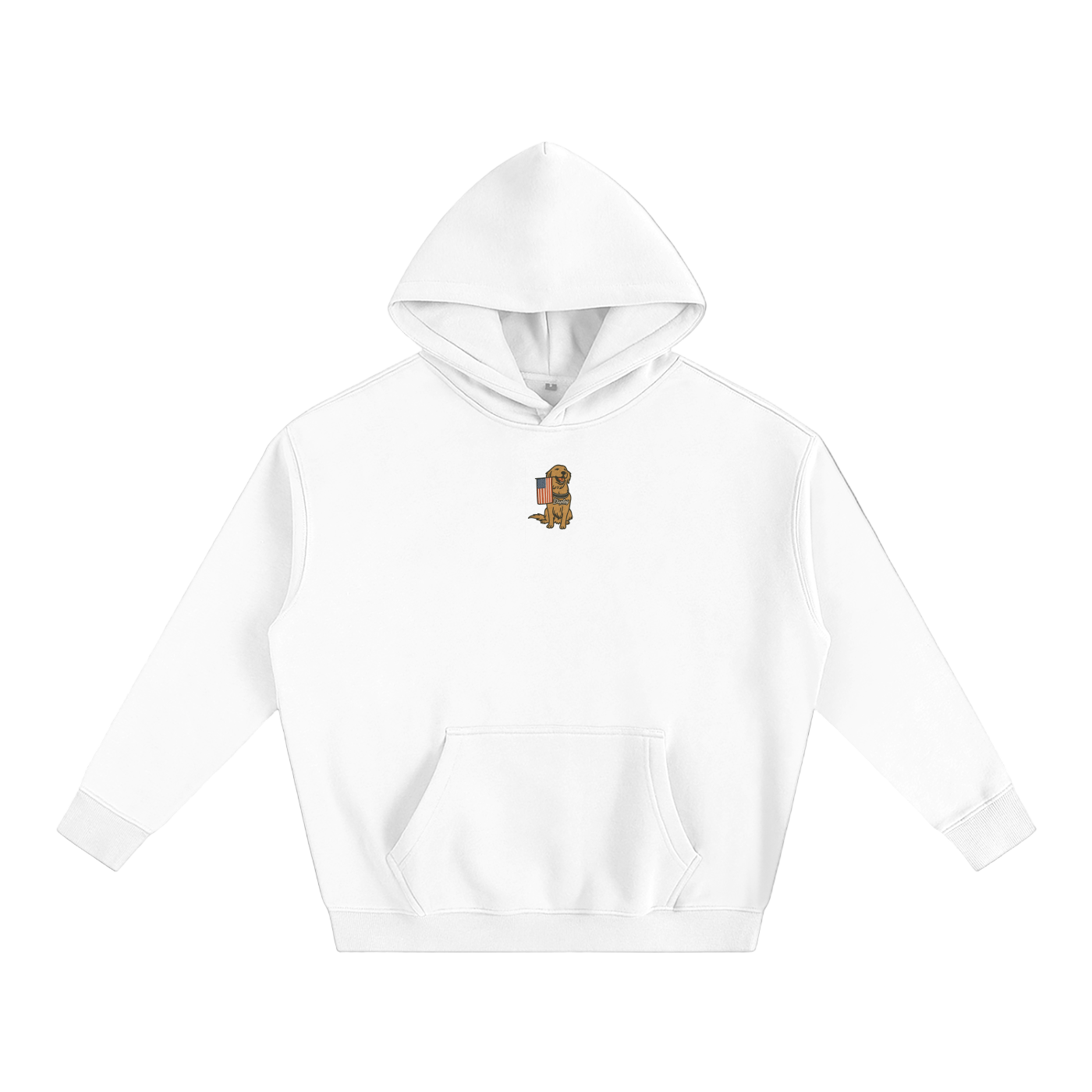 White hoodie with a small graphic of a golden retriever on the chest against a white background.