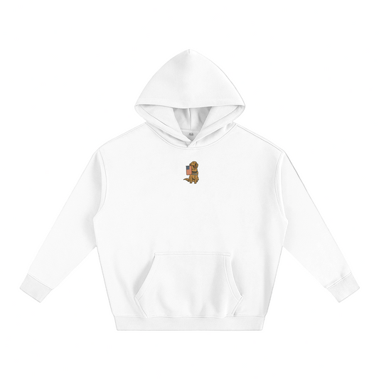 White hoodie with a small graphic of a golden retriever on the chest against a white background.