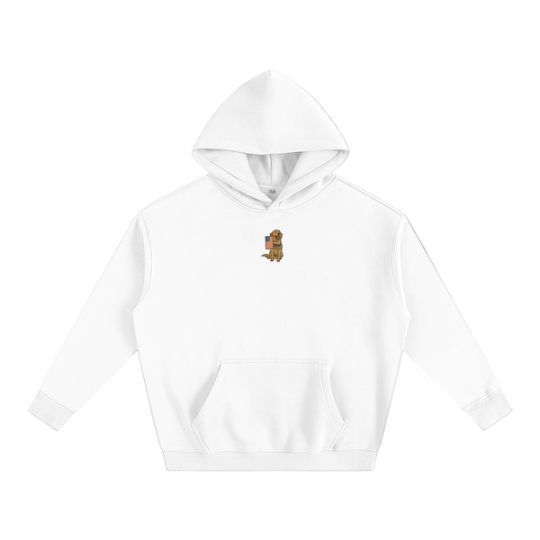 White hoodie with a small graphic of a golden retriever on the chest against a white background.