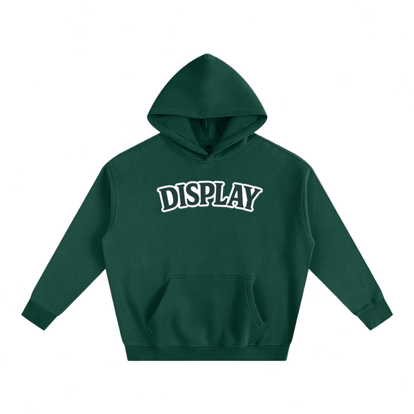 Green hoodie with 'DISPLAY' text on a white background