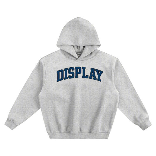 Gray hoodie with 'DISPLAY' text on a white background