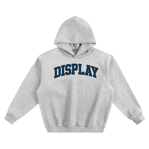 Gray hoodie with 'DISPLAY' text on a white background